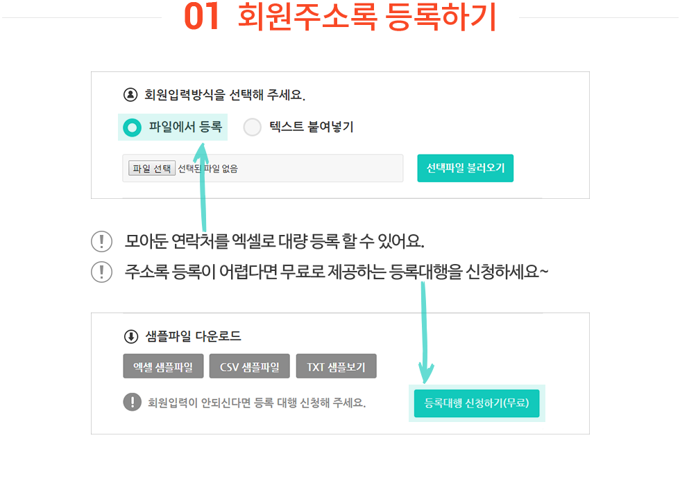 1. 회원주소록 등록하기
! 모아둔 연락처를 엑셀로 대량 등록 할 수 있어요
! 주소록 등록이 어렵다면 무료로 제공하는 등록대행을 신청하세요~